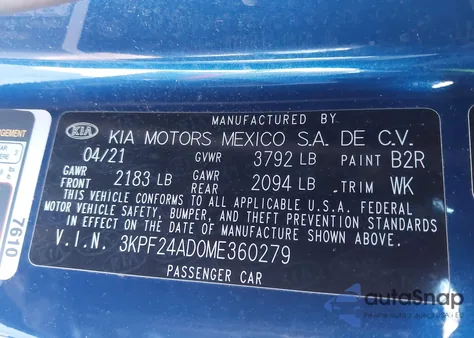 2021 Kia Forte Lxs z USA, uszkodzony, nr VIN 3KPF24AD0ME360279